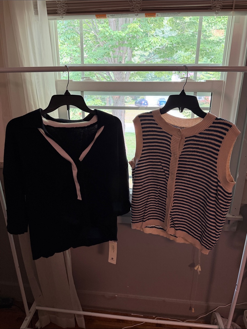 Women’s Black Knit Top with White Trim & sleeveless navy and white button top